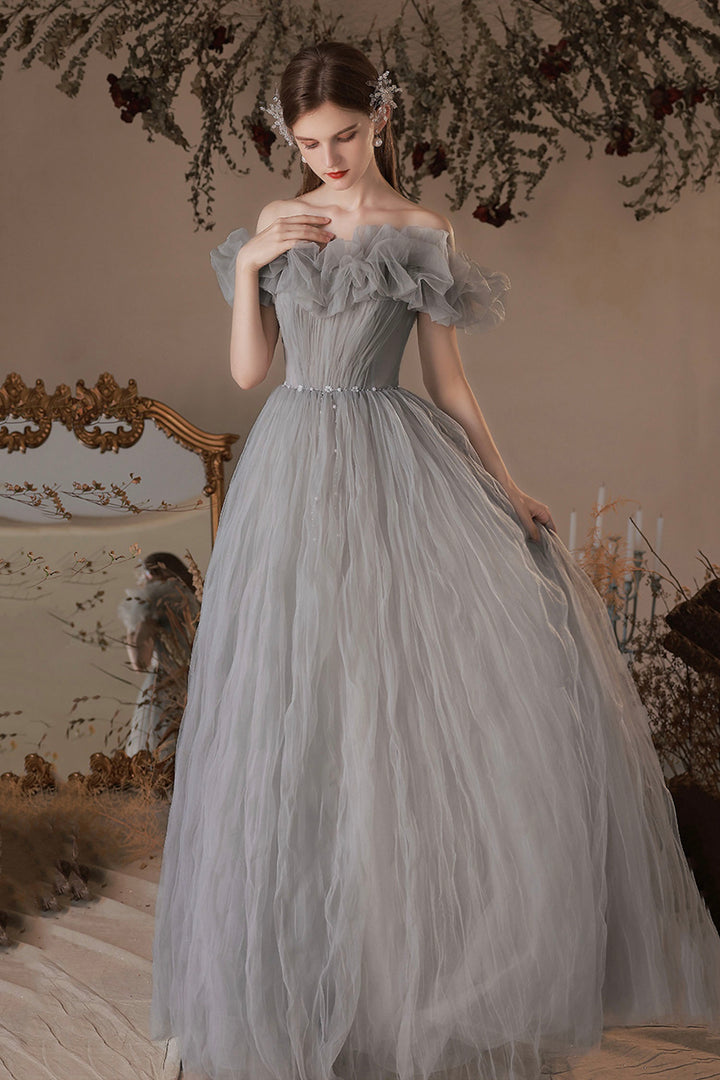Luolandi Gray Tulle Long Prom Dress A-Line Off the Shoulder Evening Dress Sexy