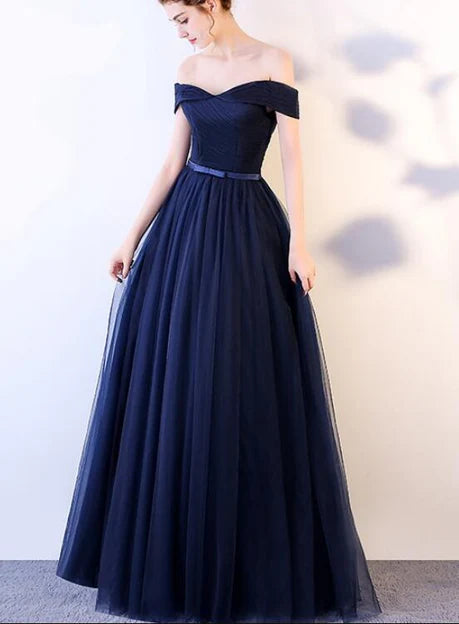 Luolandi Charming Navy Blue Tulle A-line Prom Dress Off Shoulder Bridesmaid Dress Elegant Evening Dress