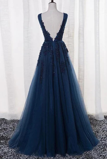 Luolandi Blue Long A-line Bridesmaid Dress Dark Blue Tulle Party Dress Prom Dress Elegant Evening Dress with Appliques