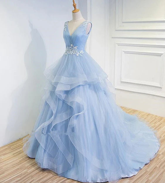 Luolandi LightBlue Prom Dresses V-neck Ball Gown Sweep Train Party Dress Sweet 16 Gown Floor Length