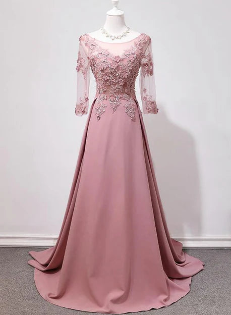 Luolandi Elegant Pink Long Sleeves Lace Applique Long Party Dress Prom Dress Evening Dress Mother of the Bride Dress