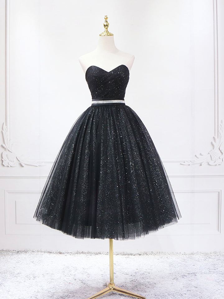 Luolandi Black Shiny Tulle Tea Length Prom Dress Strapless A-Line Party Dress Homecoming Dresses