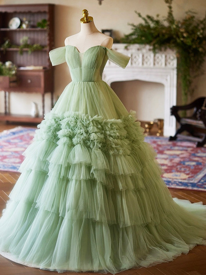 Luolandi A-Line Green Tulle Long Party Dress Off the Shoulder Formal Evening Dress Prom Dress