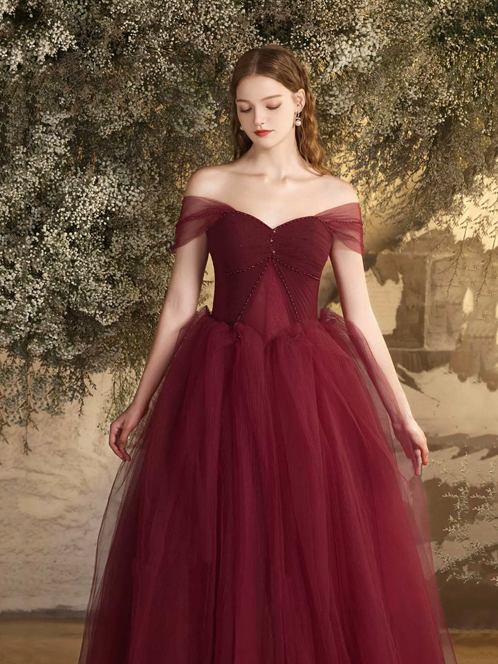 Luolandi Burgundy Tulle Long A-Line Prom Dress Off the Shoulder Evening Party Dress Sexy
