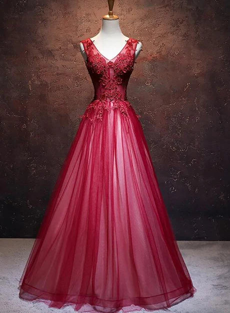 Luolandi Lovely Wine Red V-neckline Tulle Party Gown A-line Prom Dress Sleeveless Floor Length Evening Dress
