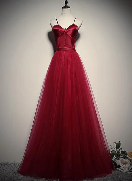 Luolandi Gorgeous Dark Red Straps Tulle Long Party Dress A-line Formal Dress Prom Dress Elegant