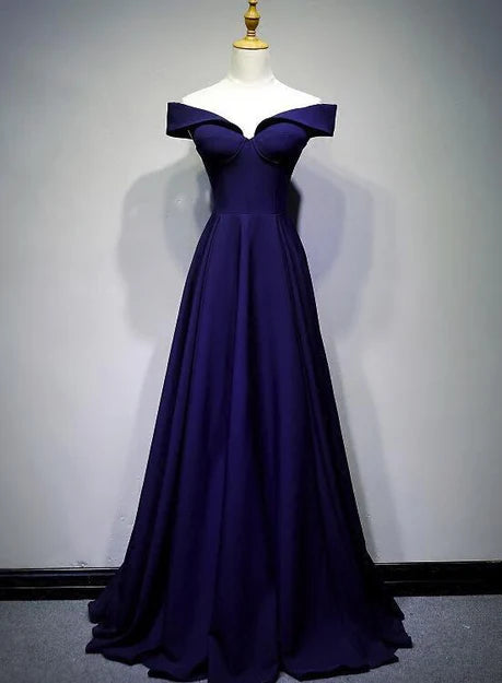 Luolandi Beautiful Navy Blue A-line Spandex Long Prom Dress Off Shoulder Bridesmaid Dress Elegant Evening Dress