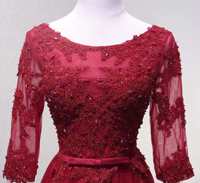 Luolandi Charming Wine Red Short Sleeves Lace Applique Wedding Party Dress Beautiful Formal Gown Prom Dress