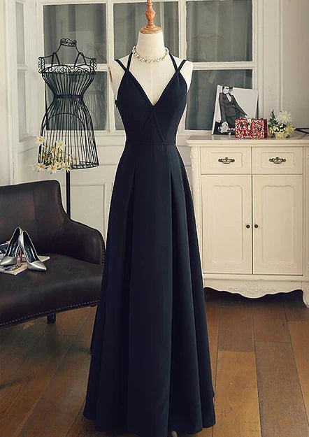 Luolandi Beautiful Black Chiffon Straps Long A-line Junior Prom Dress Party Gowns Elegant Evening Dress