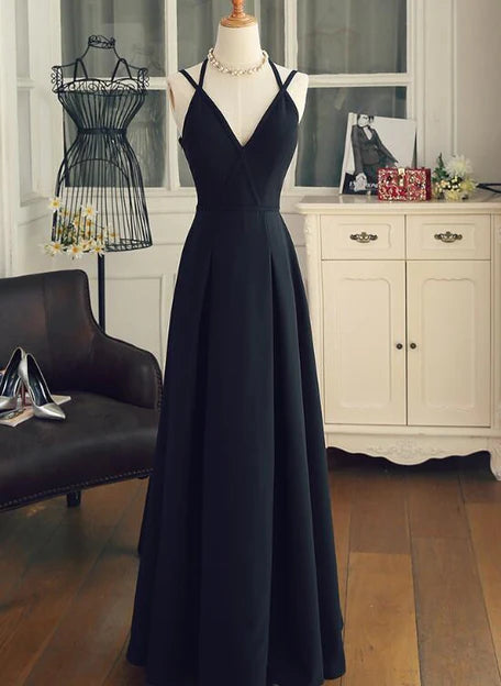 Luolandi Beautiful Black Chiffon Straps Long A-line Junior Prom Dress Party Gowns Elegant Evening Dress