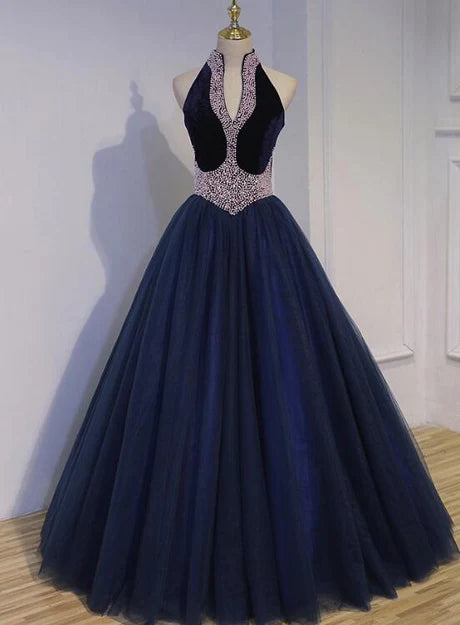 Luolandi Gorgeous Navy Blue Tulle and Velvet with Light Pink Pearls Prom Gown Party Dresses Elegant Evening Dress