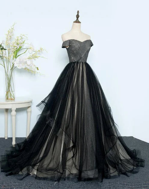 Luolandi Beautiful Black Tulle Off Shoulder Floor Length Gown Evening Dress Elegant Prom Dress