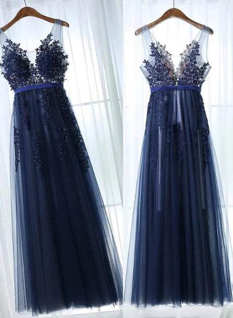 Luolandi Charming Blue Lace Applique Prom Dress A-line Blue Bridesmaid Dress Sexy Evening Dress