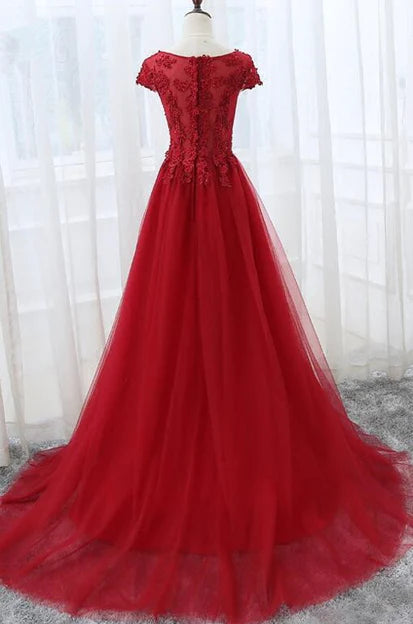 Luolandi Elegant Red Tulle Long Prom Dress with Lace Applique Party Gowns Floor Length Evening Dress