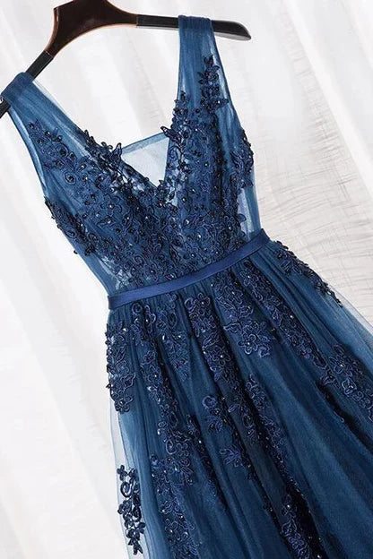 Luolandi Blue Long A-line Bridesmaid Dress Dark Blue Tulle Party Dress Prom Dress Elegant Evening Dress with Appliques