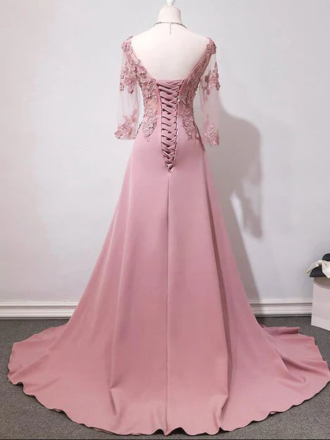 Luolandi Elegant Pink Long Sleeves Lace Applique Long Party Dress Prom Dress Evening Dress Mother of the Bride Dress