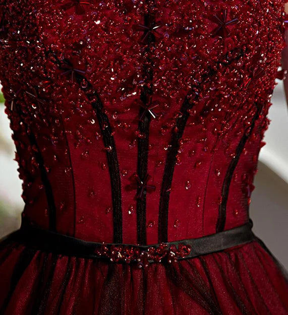 Luolandi Red and Black Scoop Tulle Long Party Dress with Beadings Long Tulle A-line Formal Dress Off Shoulder Prom Dress