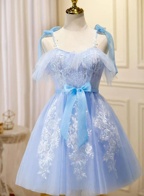 Luolandi Light Blue Tulle with Lace Party Dress Homecoming Dresses Short Formal Dress With Bow(s)