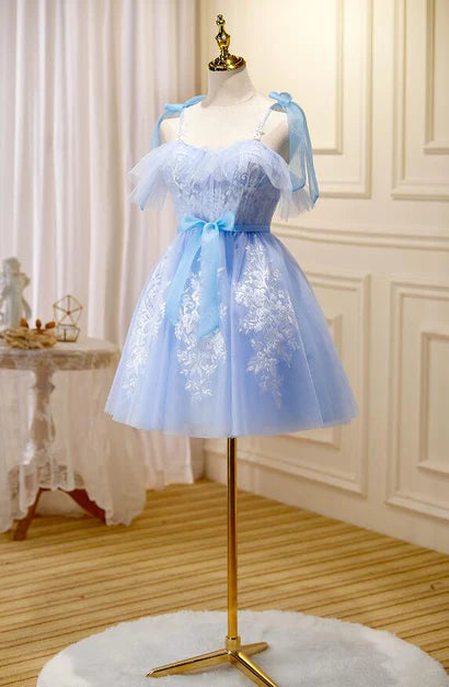 Luolandi Light Blue Tulle with Lace Party Dress Homecoming Dresses Short Formal Dress With Bow(s)
