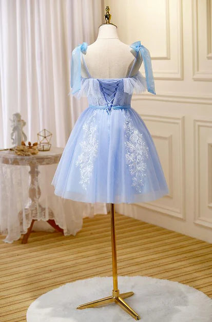 Luolandi Light Blue Tulle with Lace Party Dress Homecoming Dresses Short Formal Dress With Bow(s)