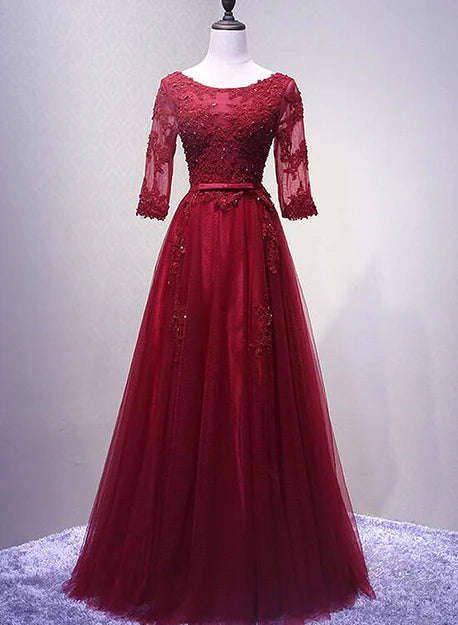 Luolandi Charming Wine Red Short Sleeves Lace Applique Wedding Party Dress Beautiful Formal Gown Prom Dress