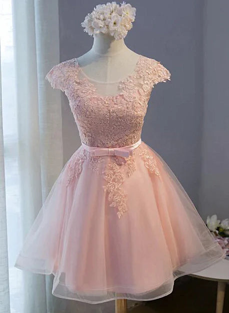Luolandi Pink Lovely Cap Sleeves Knee Length Formal Dress Tulle Prom Dress Homecoming Dress
