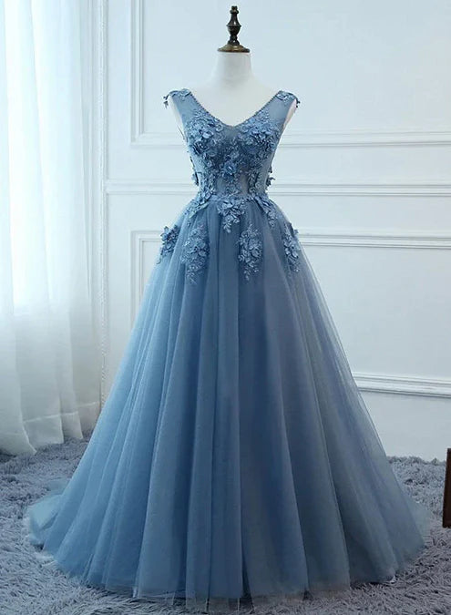 Luolandi Blue Tulle V-neckline Long Party Dress Tulle Formal Dress Sleeveless Elegant Prom Dress