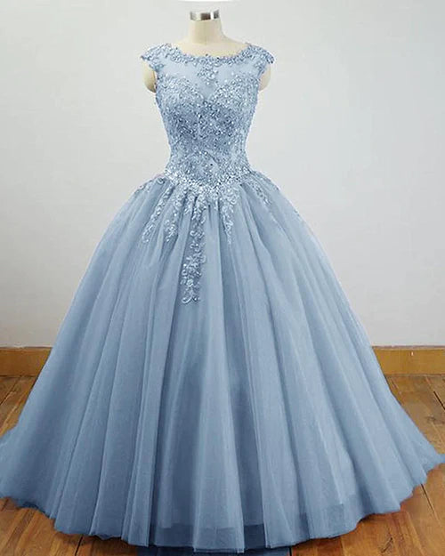 Luolandi Charming Blue Tulle Long Ball Gown Sweet 16 Dress with Lace Formal Gown Prom Dress