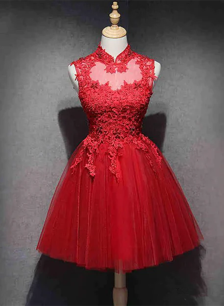 Luolandi Red Lace High Neckline Tulle Short Homecoming Dress Party Dress Formal Dress with Appliques