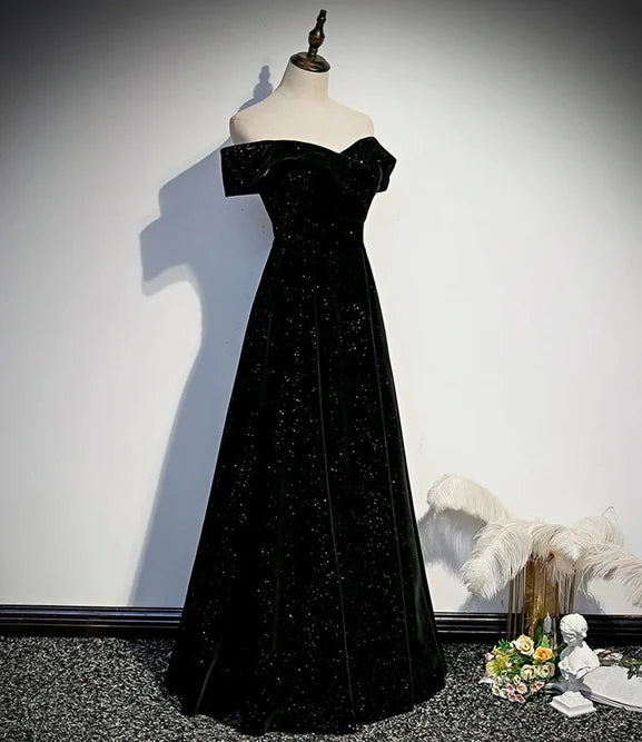 Luolandi Black Velvet Off Shoulder Long Party Dress Simple Prom Dress Elegant Evening Dress