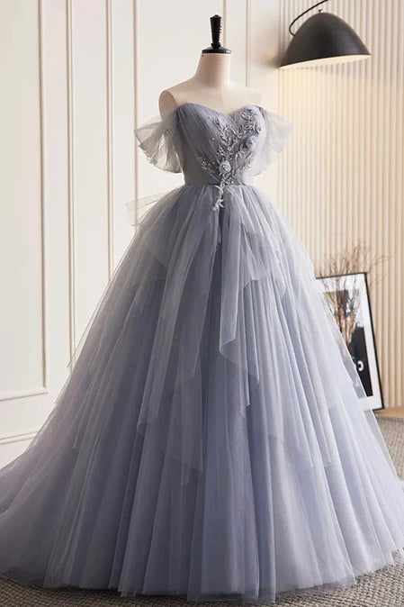 Luolandi Glam Blue-Grey Tulle with Lace Applique Long Party Dress Formal Dress Evening Gown A Line Off Shoulder