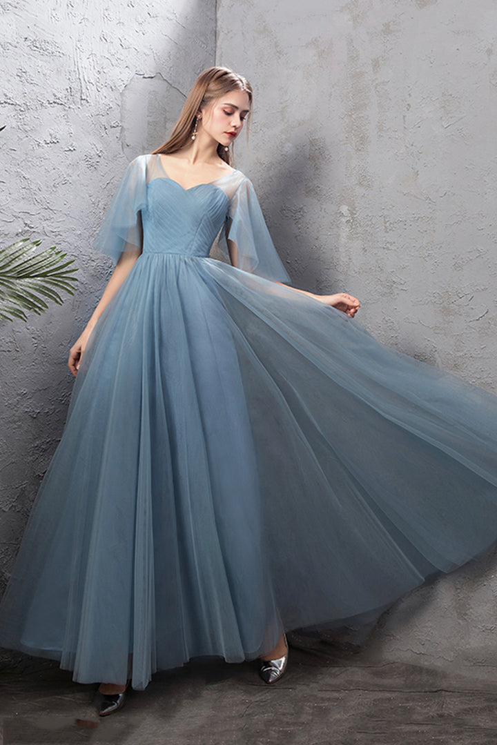 Luolandi Blue Tulle Long Prom Dresses A-Line Simple Evening Dresses Floor Length