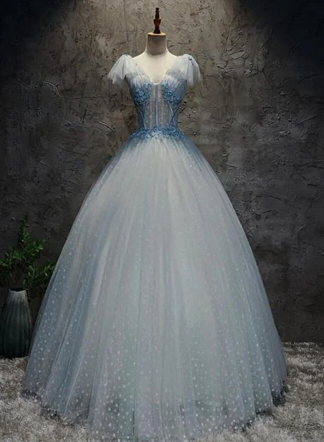 Luolandi Light Blue Tulle Long Party Dress Formal Dress Tulle Formal Dress with Flowers Beautiful