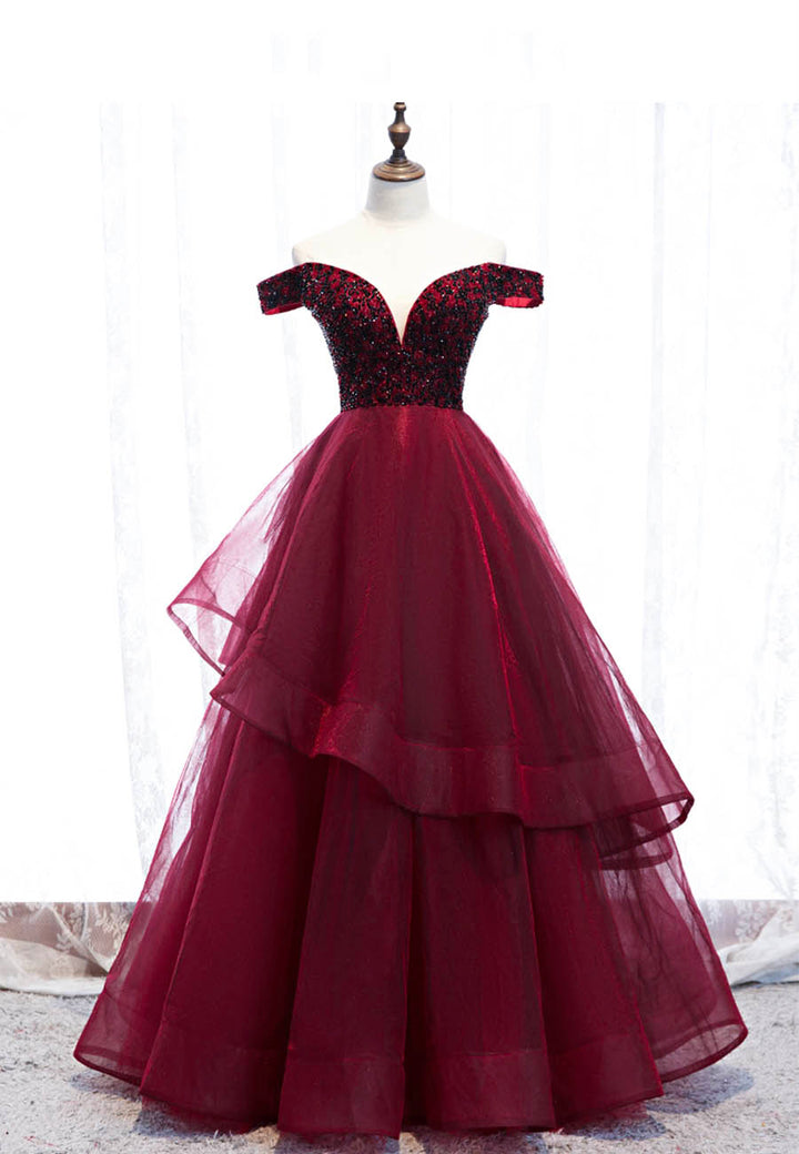 Luolandi Burgundy Tulle Long A-Line Prom Dresses Off the Shoulder Evening Dresses Sexy
