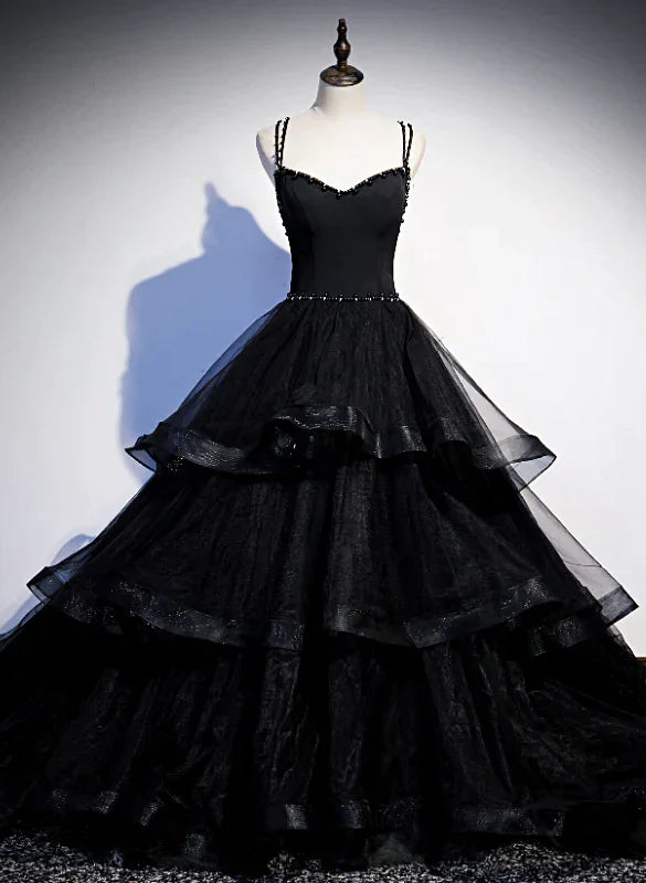 Luolandi Black Tulle Layers Straps Beaded Long Evening Dress Black Formal Dress Prom Dress Beautiful