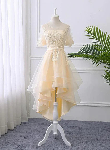 Luolandi Adorable Light Champagne High Low Party Dress with Lace Applique Short Homecoming Dress Elegant