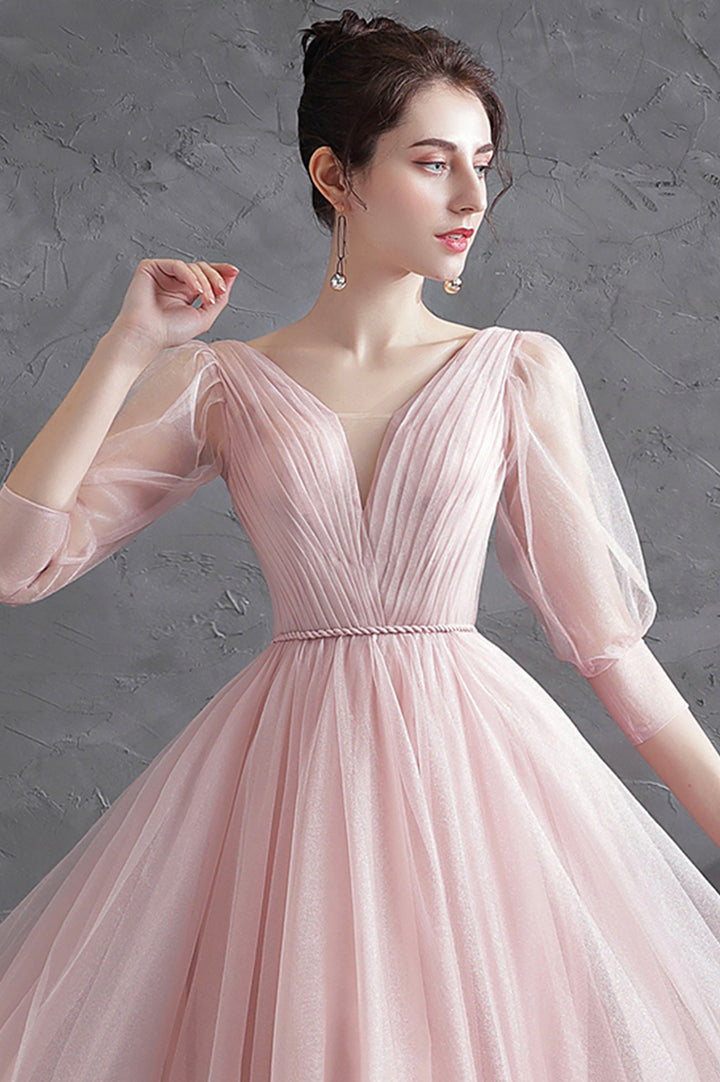 Luolandi Pink Tulle V-Neck Long Prom Dress A-Line 1/2 Sleeves Evening Dress Party Dress