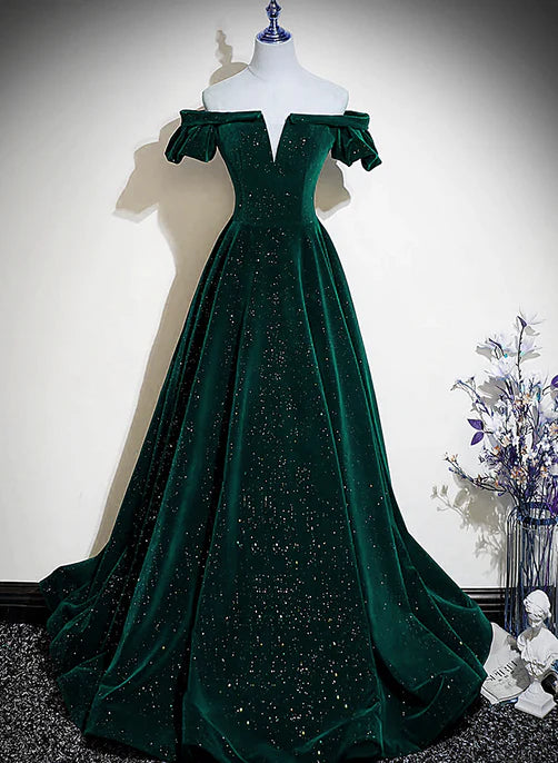 Luolandi Dark Green Velvet Off Shoulder Long Party Dress A-line Prom Dress Elegant Evening Dress