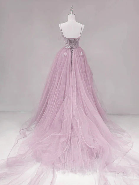 Luolandi Pink Straps Tulle Chic Long Party Dress Formal Dress A-line Prom Dress Floor Length