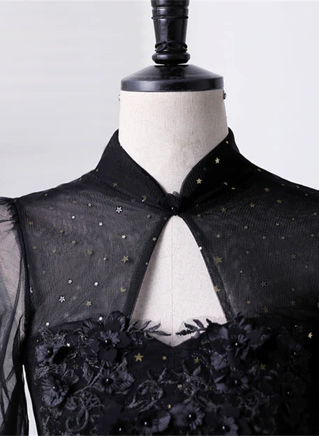 Luolandi Black High Neckline Long Sleeves Tulle Sweet 16 Dress Ball Gown Formal Dress Prom Dress