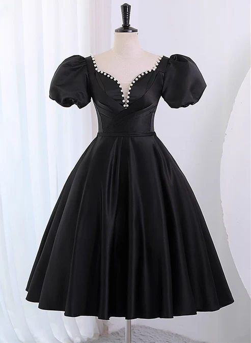 Luolandi Black Satin Short Sleeves Knee Length Party Dress Homecoming Dress Cocktail Dress Formal Dress