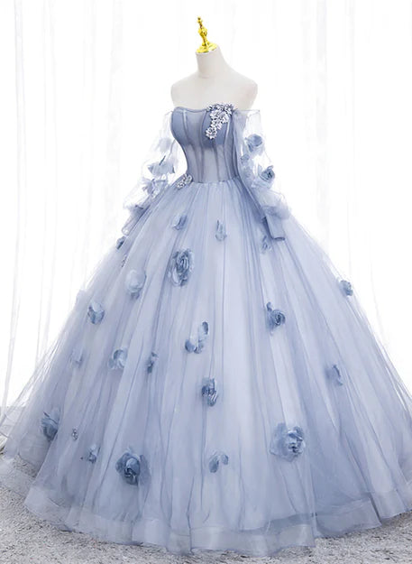 Luolandi Lovely Blue Tulle Long Sleeves Sweet 16 Dress Flowers Formal Dress Off Shoulder Prom Dress
