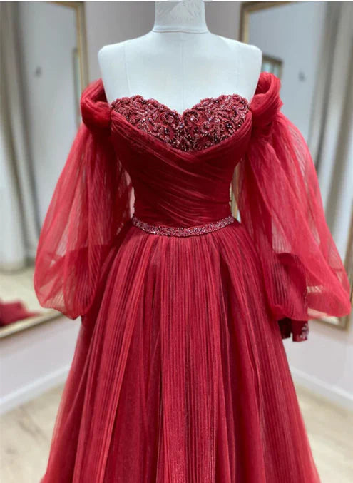 Luolandi Wine Red Tulle with Puffy Sleeves Long Party Dress Prom Dress Off Shoulder december wedding guest dress