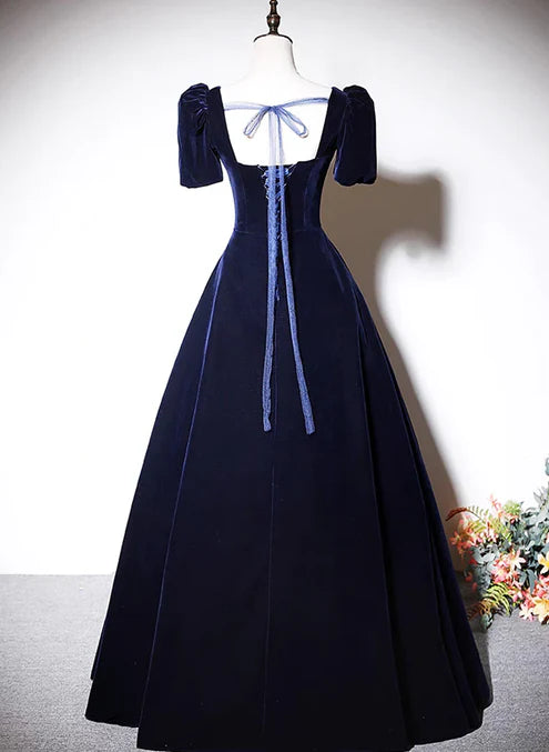 Luolandi Navy Blue A-line Velvet Long Evening Dress Short Sleeves Beaded Prom Dress Formal Dress