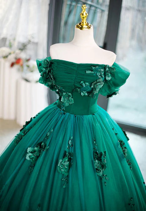 Luolandi Beautiful Green Off Shoulder Party Dress with Flowers Sweet 16 Dress A Line Prom Dress