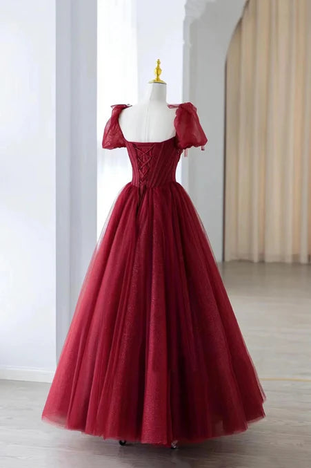 Luolandi Wine Red Tulle Beaded Long Prom Dress A-Line Sweetheart Formal Evening Dress Elegant