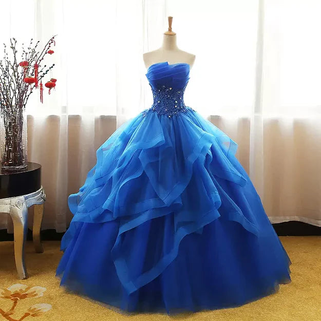 Luolandi Lovely Royal Blue Tulle Prom Dress Sweet 16 Dress Off Shoulder Floor Length Ball Gown