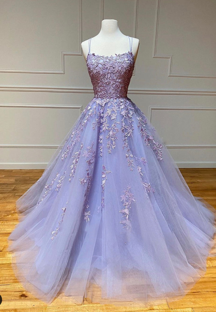 Luolandi Purple Lace Long Prom Dresses A-Line Backless Evening Dresses Floor Length