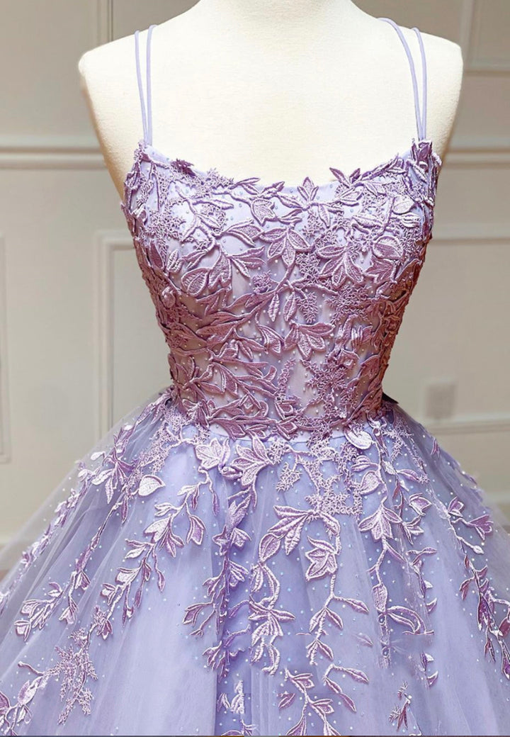 Luolandi Purple Lace Long Prom Dresses A-Line Backless Evening Dresses Floor Length