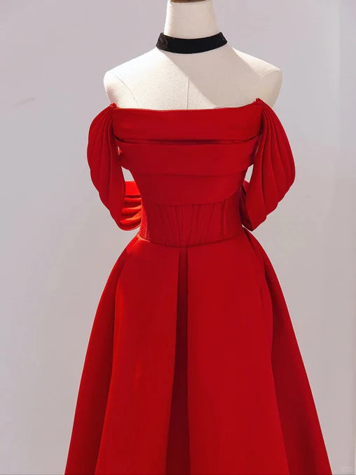 Luolandi Red Satin A-line Scoop Long Evening Dress Prom Dress Off Shoulder Formal Dress december wedding guest dress